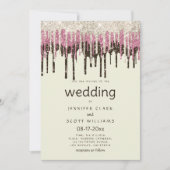 Ivory black gold pink glam glitter drips wedding  招待状 (正面)