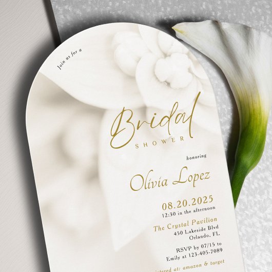Ivory Bloom & Elegant Gold Script Bridal Shower  招待状