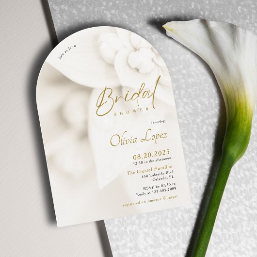Ivory Bloom & Elegant Gold Script Bridal Shower  招待状