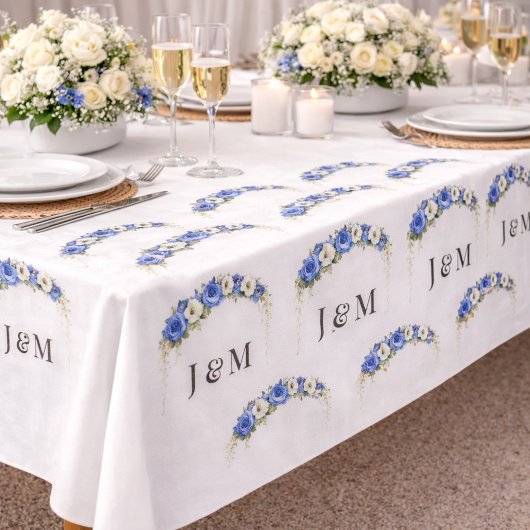 Ivory Blue Floral Wedding Monogram Bride Groom ファブリック
