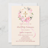 Ivory blush florals bow cross First Communion 招待状 (正面)