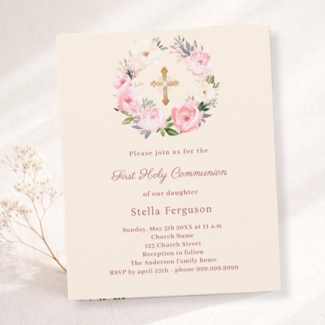 Ivory blush florals First Communion invitation (クリエイターアップロード済み)