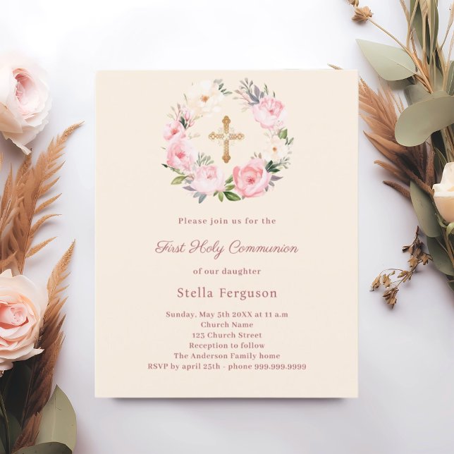 Ivory blush florals First Communion invitation (クリエイターアップロード済み)