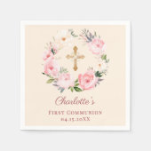 Ivory blush pink floral wreath First Communion スタンダードカクテルナプキン (正面)