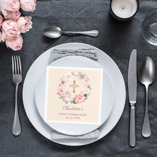 Ivory blush pink floral wreath First Communion スタンダードカクテルナプキン
