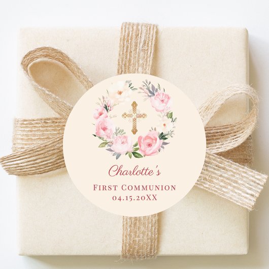 Ivory blush pink floral wreath First Communion ラウンドシール