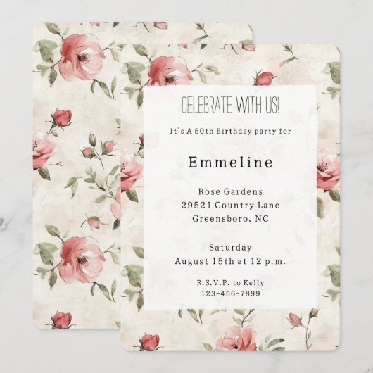 Ivory Blush Pink Roses Floral Birthday 招待状 (正面/裏面)