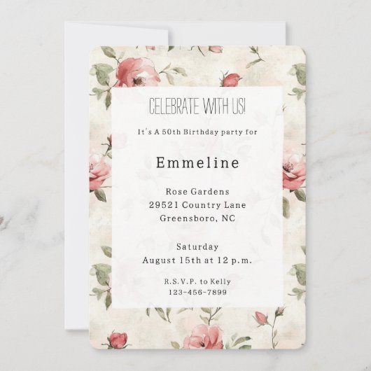 Ivory Blush Pink Roses Floral Birthday 招待状 (正面)
