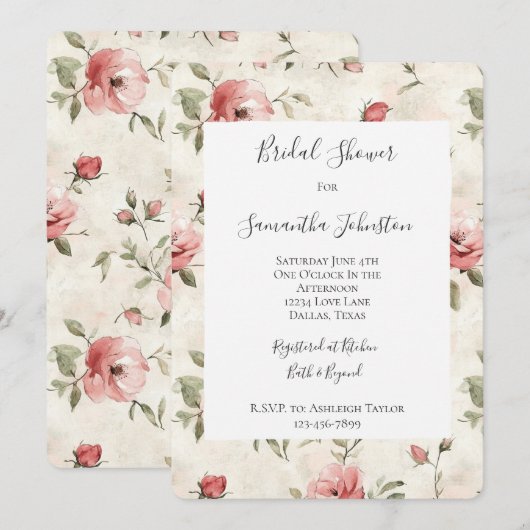 Ivory Blush Pink Roses Floral Bridal Shower 招待状 (正面/裏面)