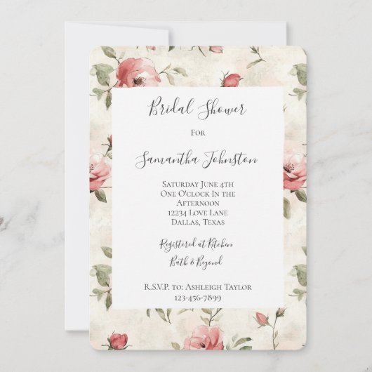 Ivory Blush Pink Roses Floral Bridal Shower 招待状 (正面)