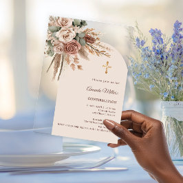 Ivory blush taupe roses pampas arch Confirmation アクリル招待状