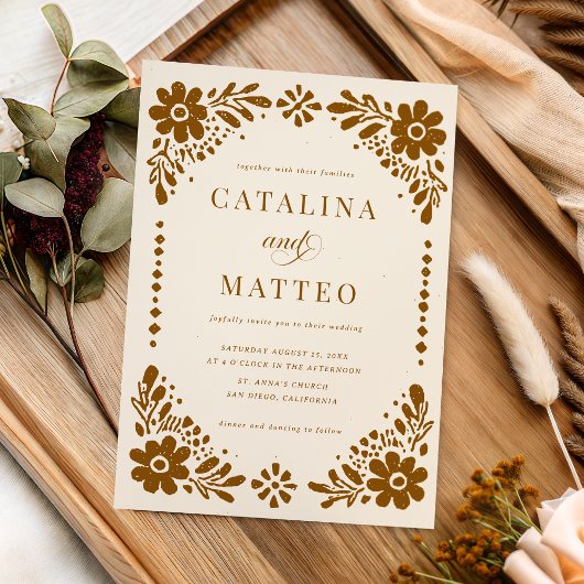 Ivory Boho Hand Drawn Mexican Paper Picado Wedding 招待状