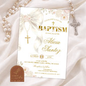 Ivory Bow Coquette Rosary Baptism Invitation 招待状