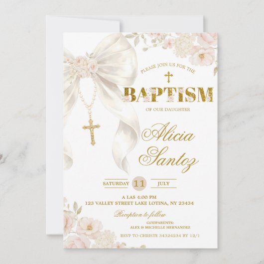 Ivory Bow Coquette Rosary Baptism Invitation 招待状 (正面)