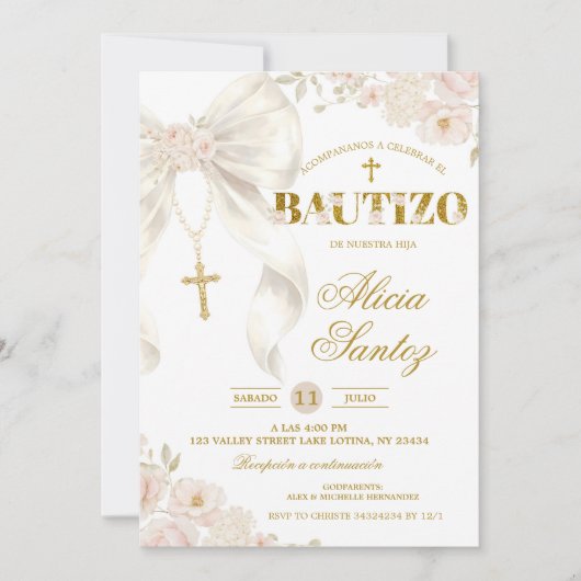 Ivory Bow Coquette Rosary bautizo Invitation 招待状 (正面)