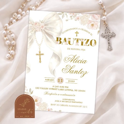 Ivory Bow Coquette Rosary bautizo Invitation 招待状