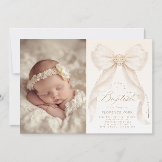 Ivory Bow Pearls Elegant photo Baptism 招待状 (正面)