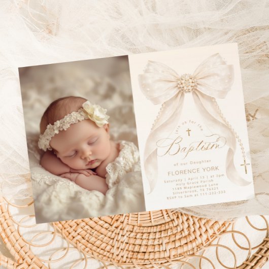 Ivory Bow Pearls Elegant photo Baptism 招待状