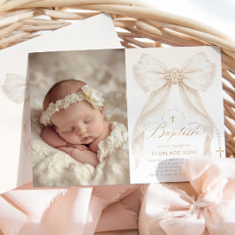 Ivory Bow Pearls Elegant photo Baptism 招待状
