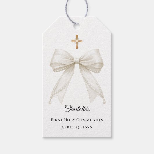 Ivory bow pearls First Holy Communion DIY ギフトタグ (正面)