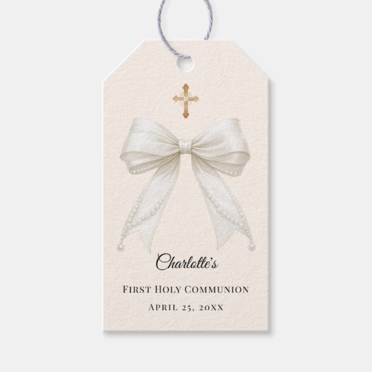 Ivory bow pearls First Holy Communion DIY ギフトタグ (正面)