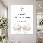 Ivory bow pearls First Holy Communion welcome ポスター