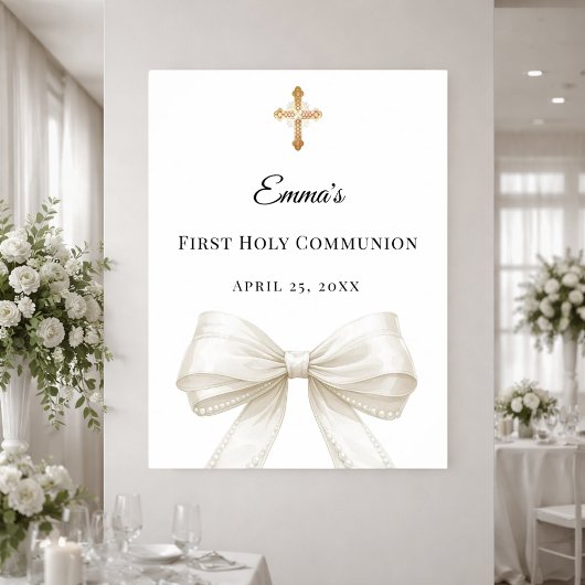 Ivory bow pearls First Holy Communion welcome ポスター