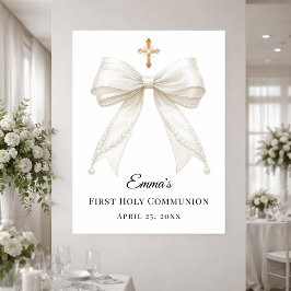 Ivory bow pearls First Holy Communion welcome ポスター