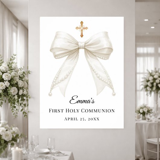Ivory bow pearls First Holy Communion welcome ポスター