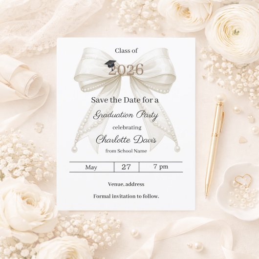 Ivory bow pearls Graduation party Save the Date