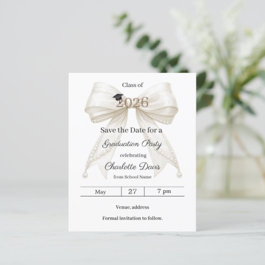 Ivory bow pearls Graduation party Save the Date (スタンド正面)