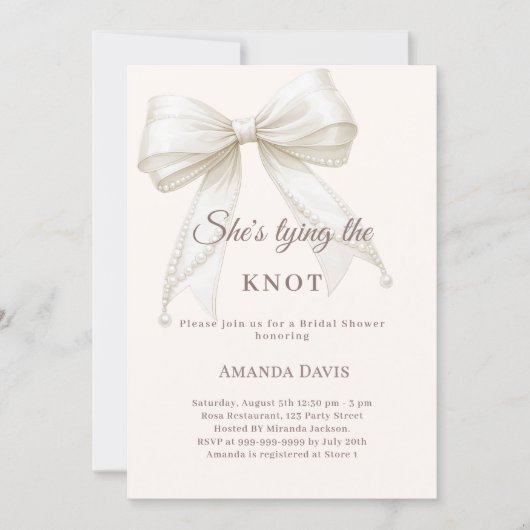 Ivory bow pearls knot elegant Bridal Shower 招待状 (正面)