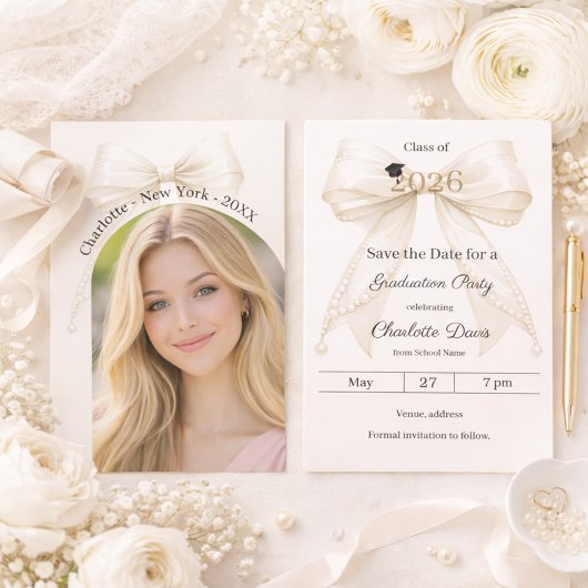 Ivory bow pearls photo arch Graduation party セーブザデート