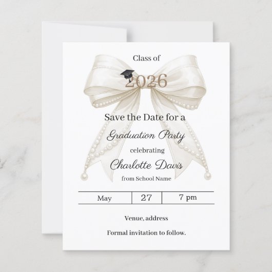 Ivory bow photo Graduation party Save the Date (正面)