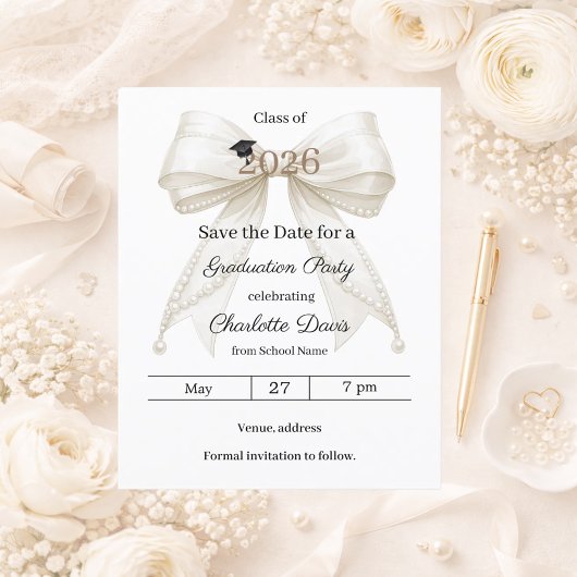 Ivory bow photo Graduation party Save the Date チラシ