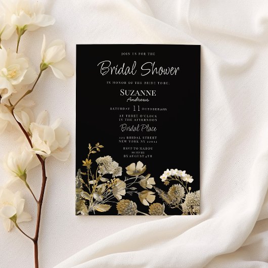 Ivory brown black wildflower winter Bridal Shower 招待状