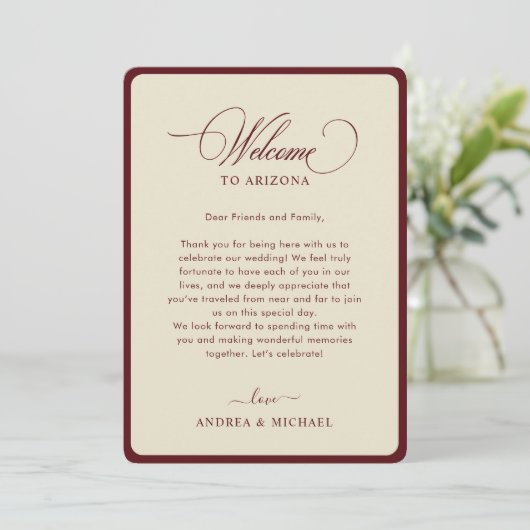 Ivory Burgundy Border Retro Wedding Itinerary Card 招待状 (スタンド正面)