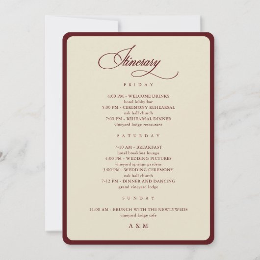 Ivory Burgundy Border Retro Wedding Itinerary Card 招待状 (裏面)