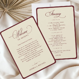 Ivory Burgundy Border Retro Wedding Itinerary Card 招待状