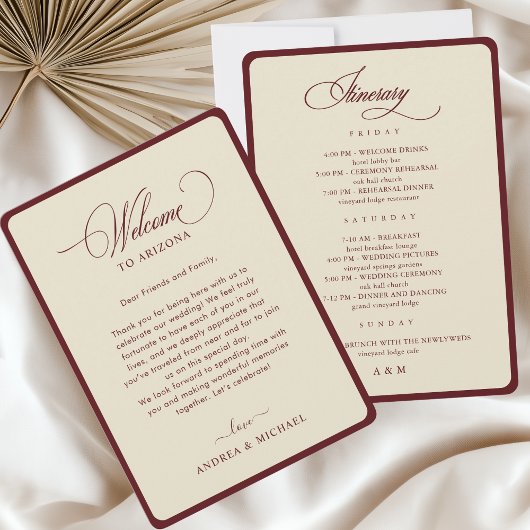 Ivory Burgundy Border Retro Wedding Itinerary Card 招待状