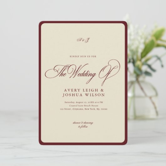 Ivory & Burgundy Checkered Border Retro Wedding 招待状 (スタンド正面)
