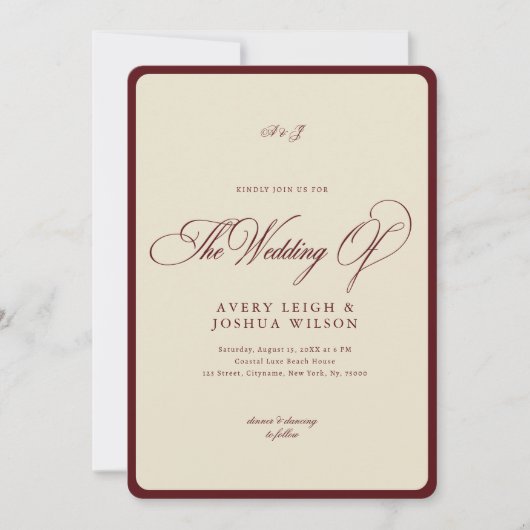 Ivory & Burgundy Checkered Border Retro Wedding 招待状 (正面)