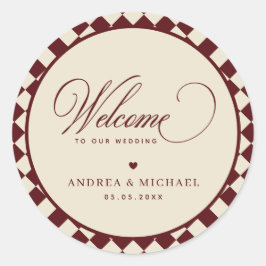 Ivory & Burgundy Checkered Retro Wedding Welcome ラウンドシール
