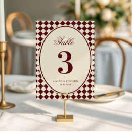 Ivory & Burgundy Checkered Wedding Table Number 招待状