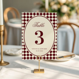 Ivory & Burgundy Checkered Wedding Table Number 招待状