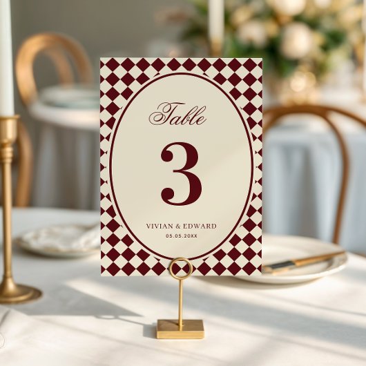 Ivory & Burgundy Checkered Wedding Table Number 招待状