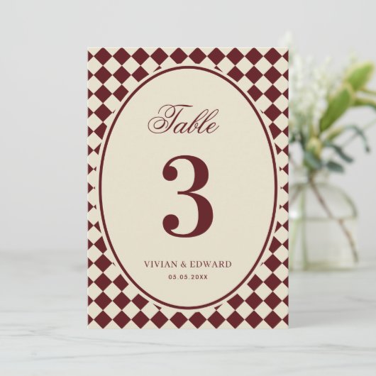 Ivory & Burgundy Checkered Wedding Table Number 招待状 (スタンド正面)