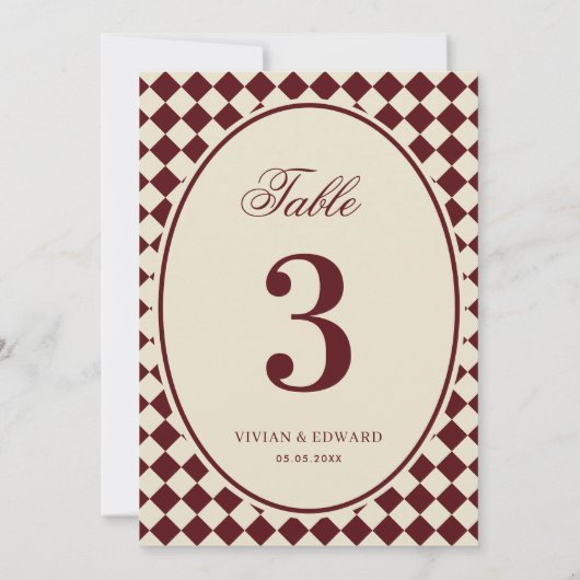 Ivory & Burgundy Checkered Wedding Table Number 招待状 (裏面)