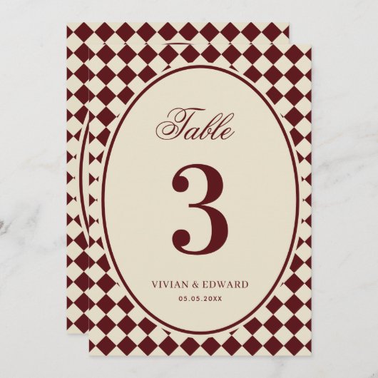 Ivory & Burgundy Checkered Wedding Table Number 招待状 (正面/裏面)