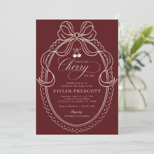 Ivory & Burgundy Cherry On Top Bridal Shower 招待状 (スタンド正面)